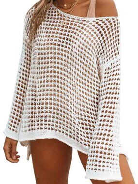 Women White Polyester Crochet Hollow Out Up Knit Summer Outfits Swim Cover Ups